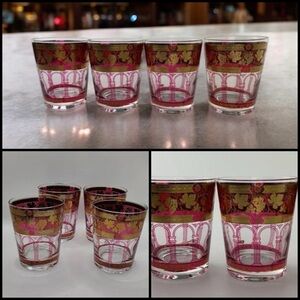 4 Vintage Cera Golden Grapes Burgundy Gold Low Ball MCM Old Fashioned Glasses